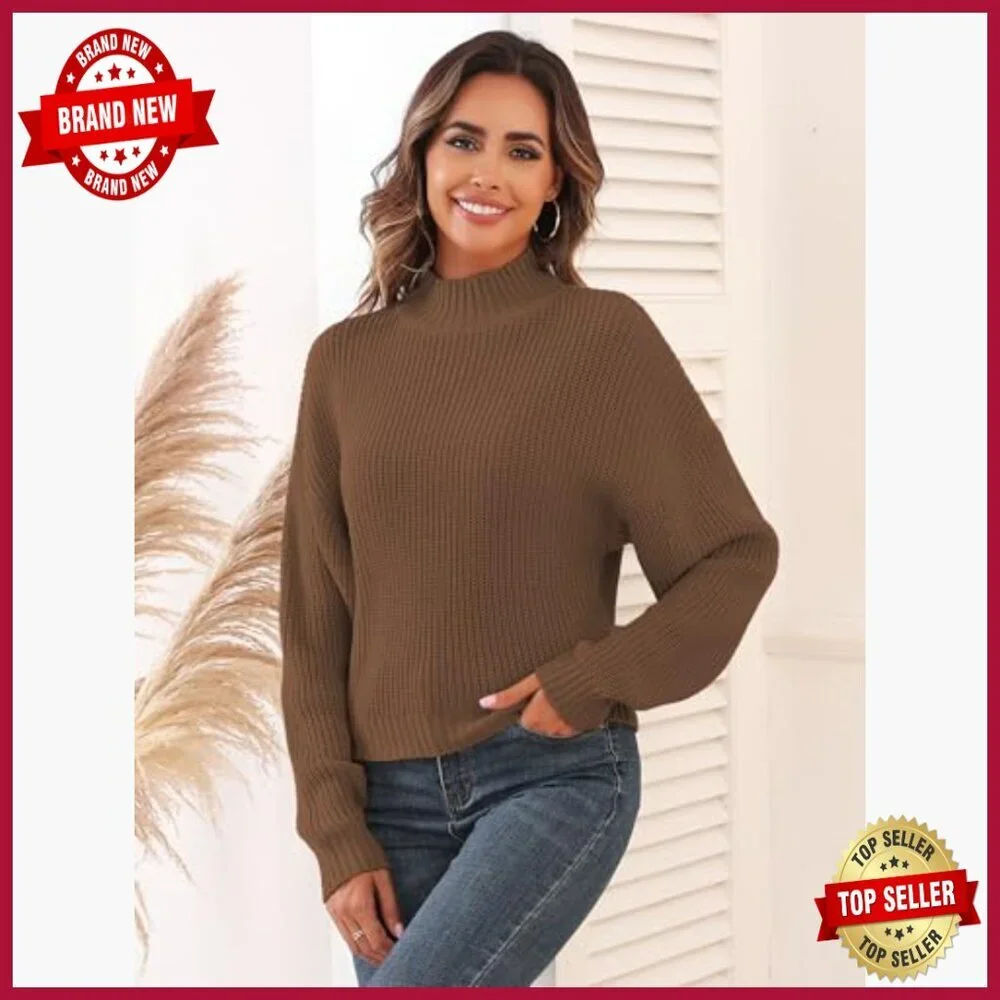 Cropped Turtleneck Sweater Lantern Sleeve Ribbed Knit Pullover - Picture 2 of 6